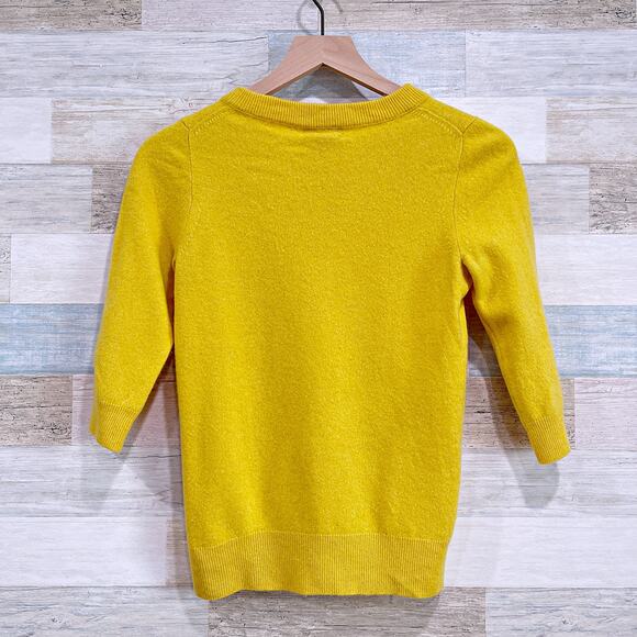 J CREW 100% Italian Cashmere Sweater Yellow 3/4 Sleeve Crewneck Womens Small - Picture 3 of 5